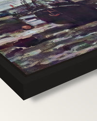Stranded Boat at Fécamp by Monet framed canvas, corner close-up: a black floating frame with a shadow gap round the canvas