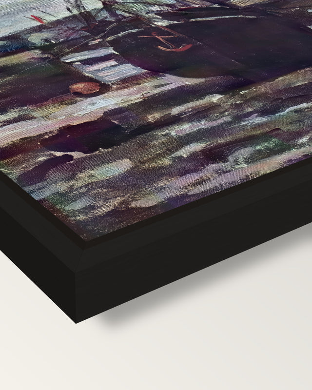 Stranded Boat at Fécamp by Monet framed canvas, corner close-up: a black floating frame with a shadow gap round the canvas