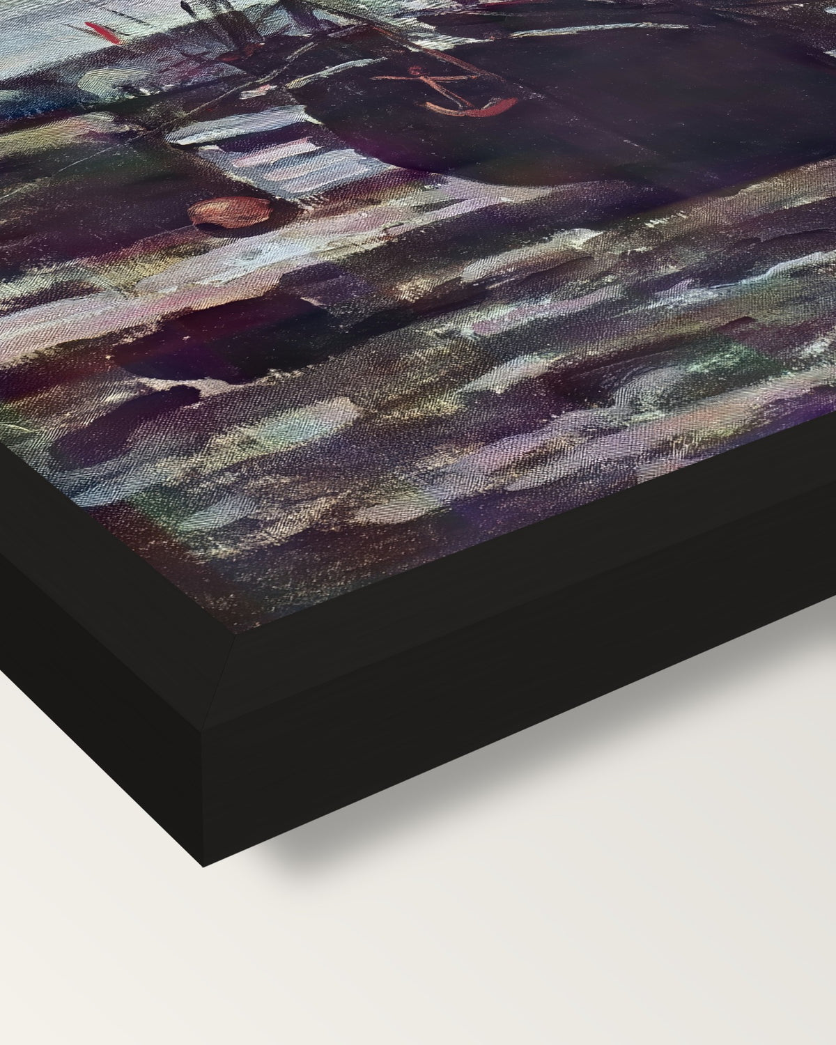 Stranded Boat at Fécamp by Monet framed print, corner close-up: black moulding, mitred, the print set just below its edge
