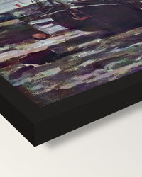 Stranded Boat at Fécamp by Monet framed print, corner close-up: black moulding, mitred, the print set just below its edge