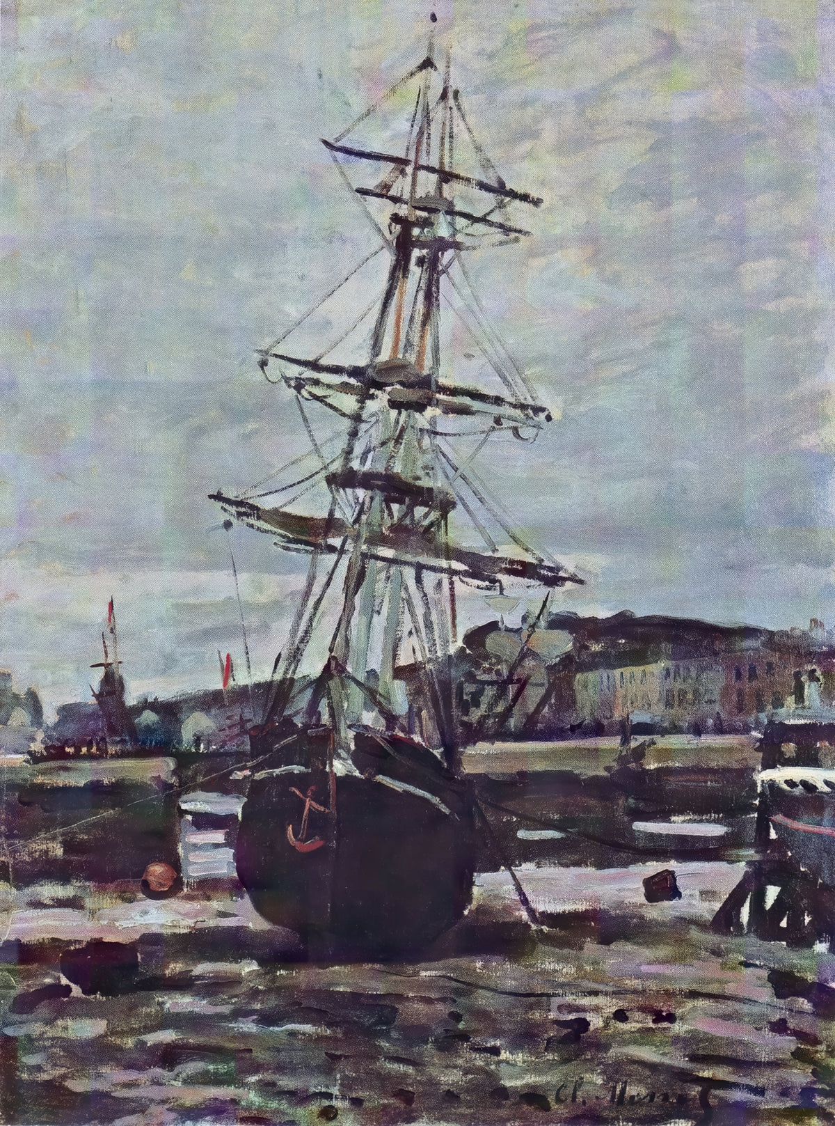 Stranded Boat at Fécamp by Claude Monet: a tall-masted sailing ship stranded at low tide beside a harbour wall
