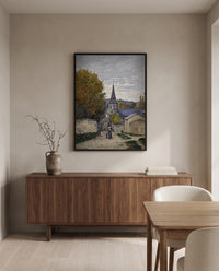 Street in Sainte-Adresse by Claude Monet in a black frame above a walnut sideboard in a dining room
