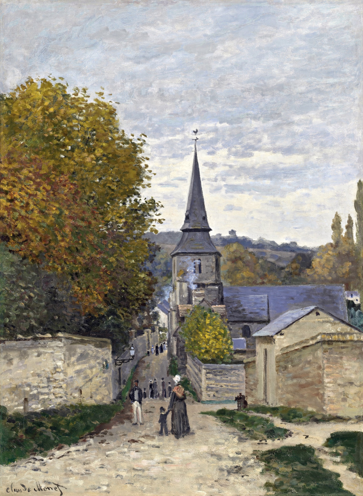 Street in Sainte-Adresse by Claude Monet: a sloping village street with stone walls, a church spire and a tree, grey sky