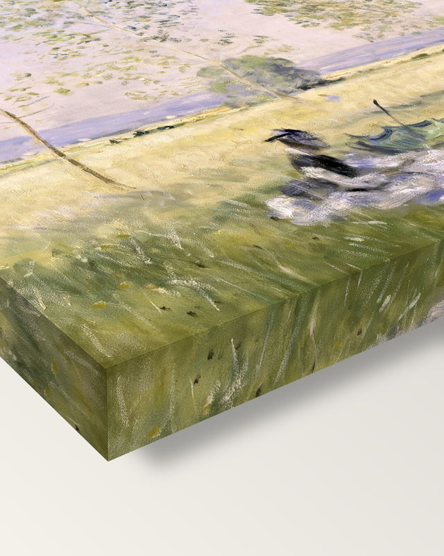 Summer, Meadow at Bezons by Claude Monet on stretched canvas, corner close-up: the painting mirror-wrapped round the sides