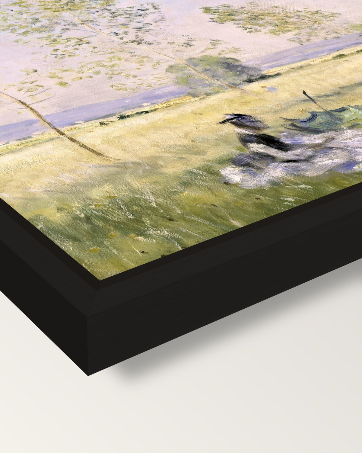 Summer, Meadow at Bezons by Monet framed canvas, corner close-up: a black floating frame with a shadow gap round the canvas