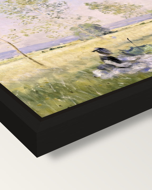 Summer, Meadow at Bezons by Monet framed canvas, corner close-up: a black floating frame with a shadow gap round the canvas