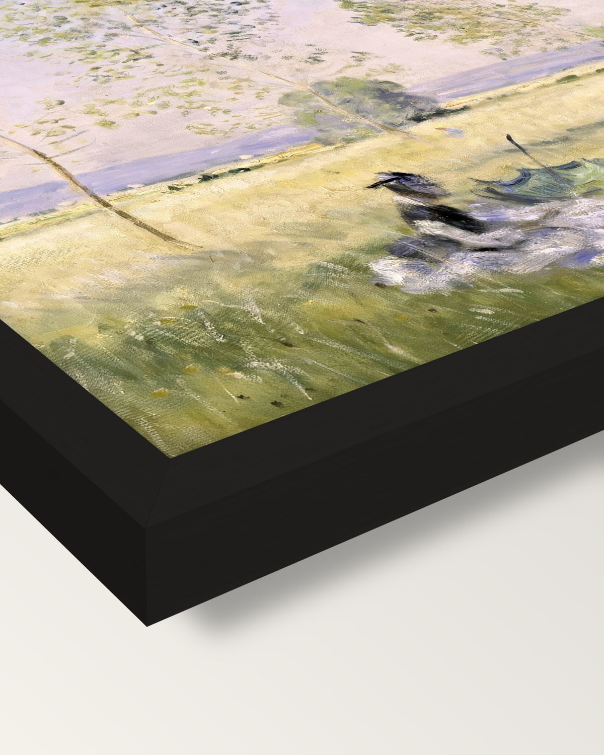 Summer, Meadow at Bezons by Monet framed print, corner close-up: black moulding, mitred, the print set just below its edge