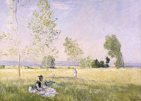 Summer by Claude Monet: a wide sunny meadow with slender trees, a woman reading in the grass under a lilac sky