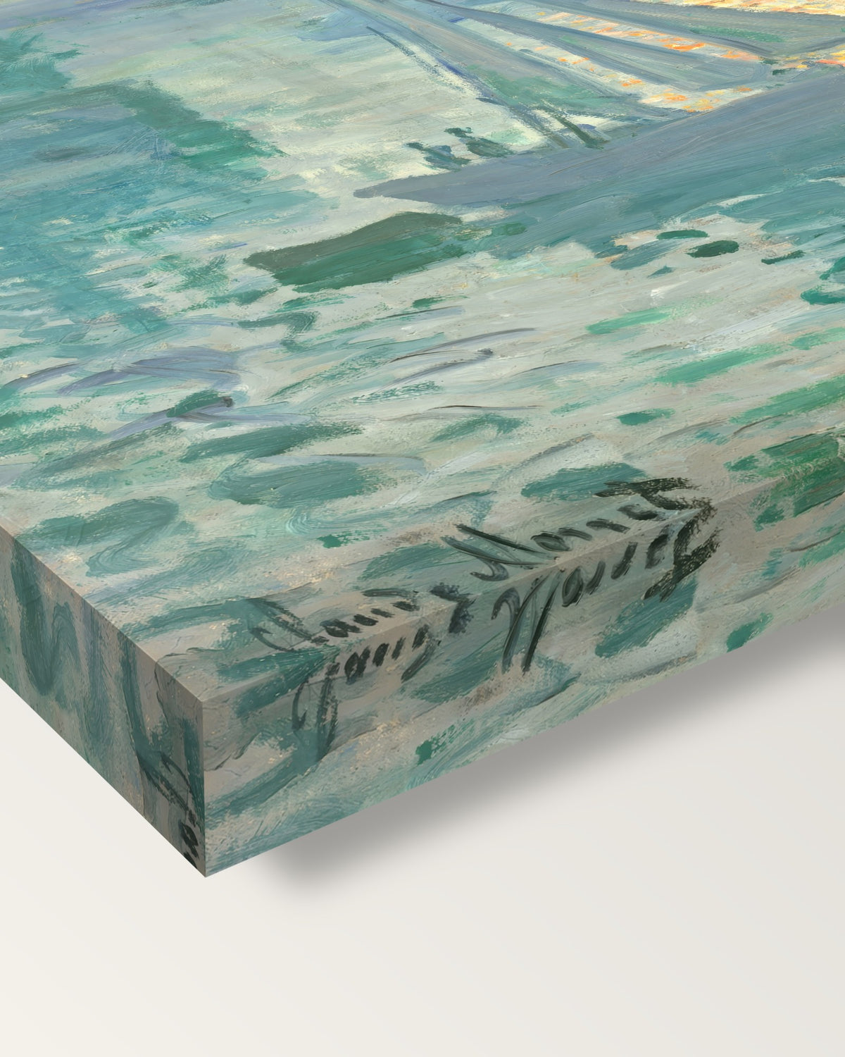 Sunrise (Marine) by Claude Monet on stretched canvas, corner close-up: the painting mirror-wrapped round the sides