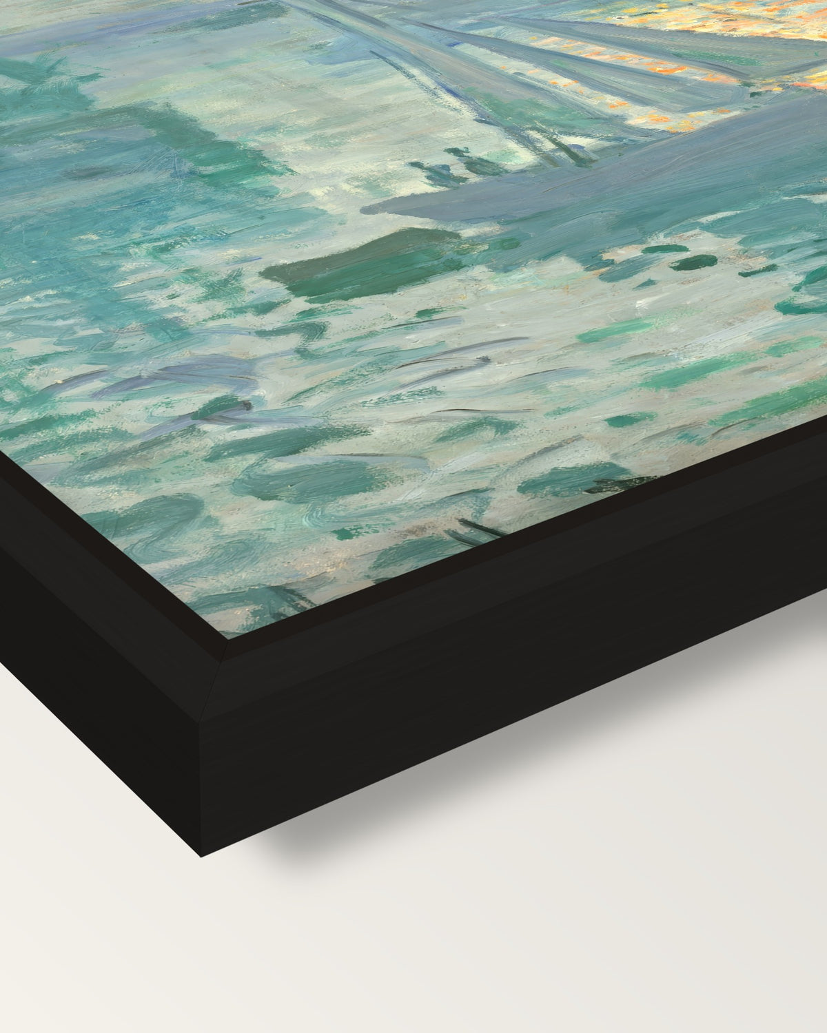 Sunrise (Marine) by Claude Monet framed canvas, corner close-up: a black floating frame with a shadow gap round the canvas