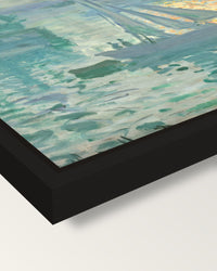 Sunrise (Marine) by Claude Monet framed canvas, corner close-up: a black floating frame with a shadow gap round the canvas