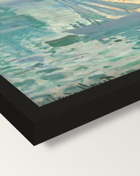Sunrise (Marine) by Claude Monet framed print, corner close-up: black moulding, mitred, the print set just below its edge