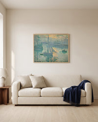 Sunrise (Marine) by Claude Monet framed in natural oak above a cream sofa in a warm living room