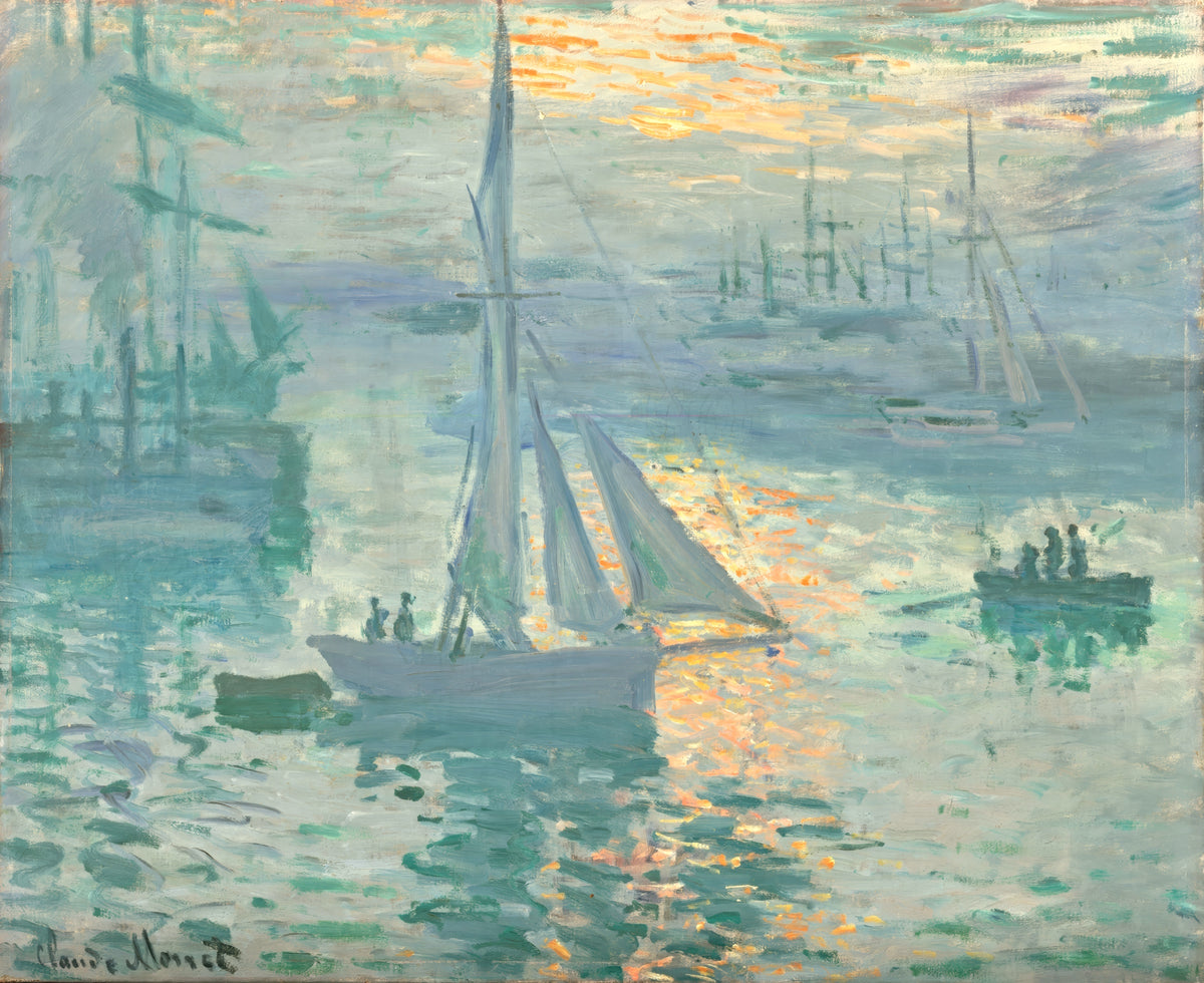Sunrise (Marine) by Claude Monet: a sailing boat and small boats in a blue-green harbour at dawn, an orange sun in the haze