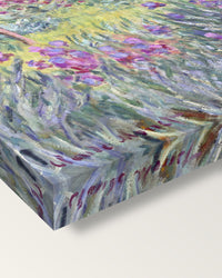 The Artist’s Garden, Giverny by Monet on stretched canvas, corner close-up: the painting mirror-wrapped round the sides
