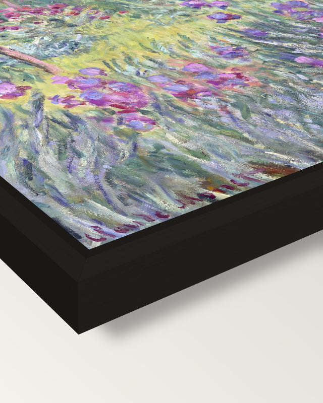 The Artist’s Garden, Giverny framed canvas, corner close-up: a black floating frame with a shadow gap round the canvas