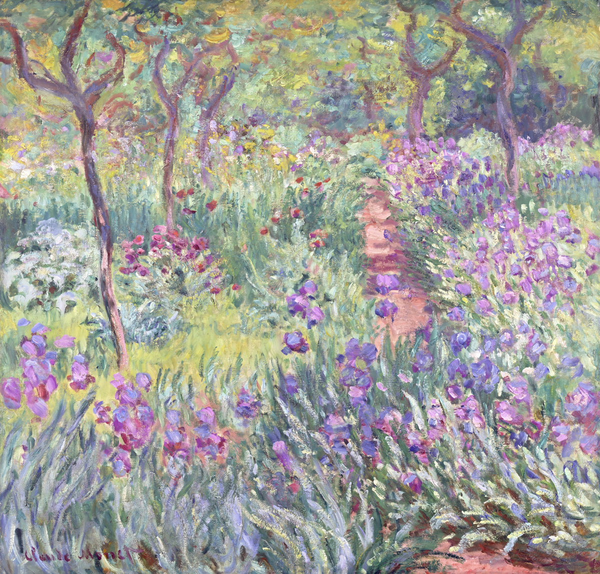 The Artist’s Garden in Giverny by Claude Monet: rows of purple and violet irises under slender trees, dappled light