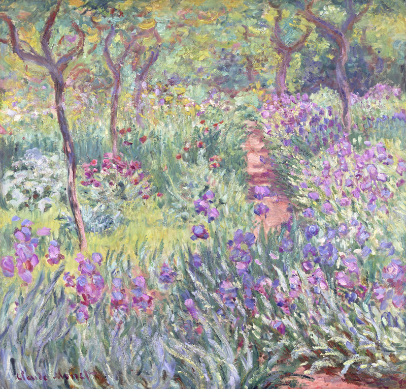 The Artist’s Garden in Giverny by Claude Monet: rows of purple and violet irises under slender trees, dappled light