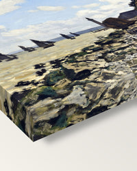 The Beach at Honfleur by Claude Monet on stretched canvas, corner close-up: the painting mirror-wrapped round the sides