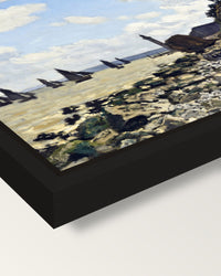 The Beach at Honfleur by Monet framed canvas, corner close-up: a black floating frame with a shadow gap round the canvas