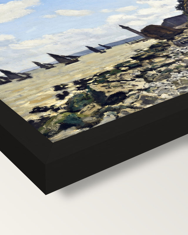 The Beach at Honfleur by Monet framed print, corner close-up: black moulding, mitred, the print set just below its edge