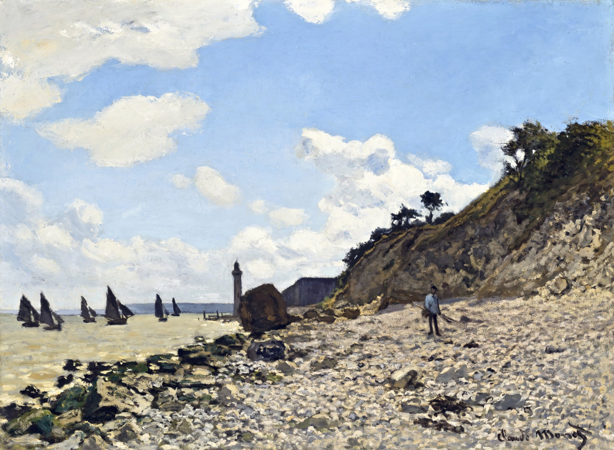 The Beach at Honfleur by Claude Monet: a pebbly beach under a bright cloudy sky with sailboats and a lighthouse
