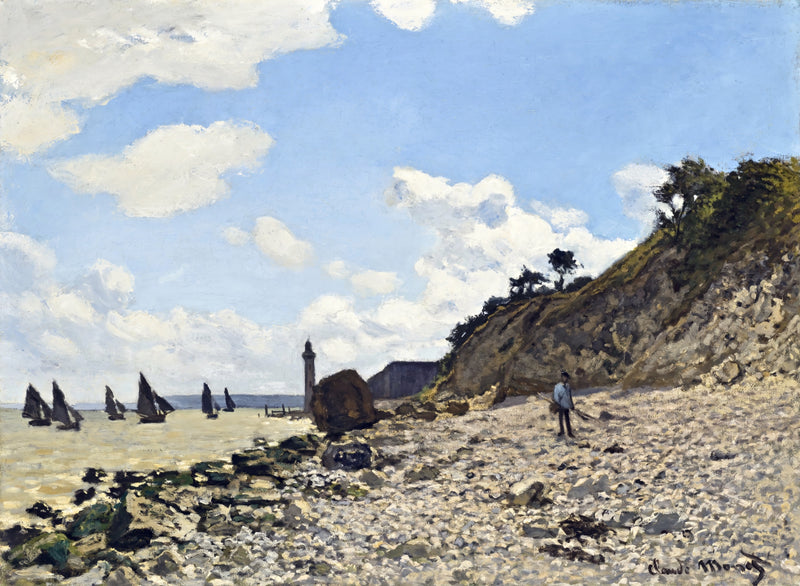 The Beach at Honfleur by Claude Monet: a pebbly beach under a bright cloudy sky with sailboats and a lighthouse