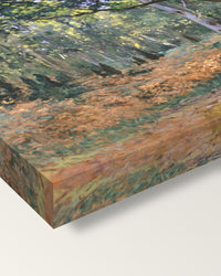 The Bodmer Oak by Claude Monet on stretched canvas, corner close-up: the painting mirror-wrapped round the sides