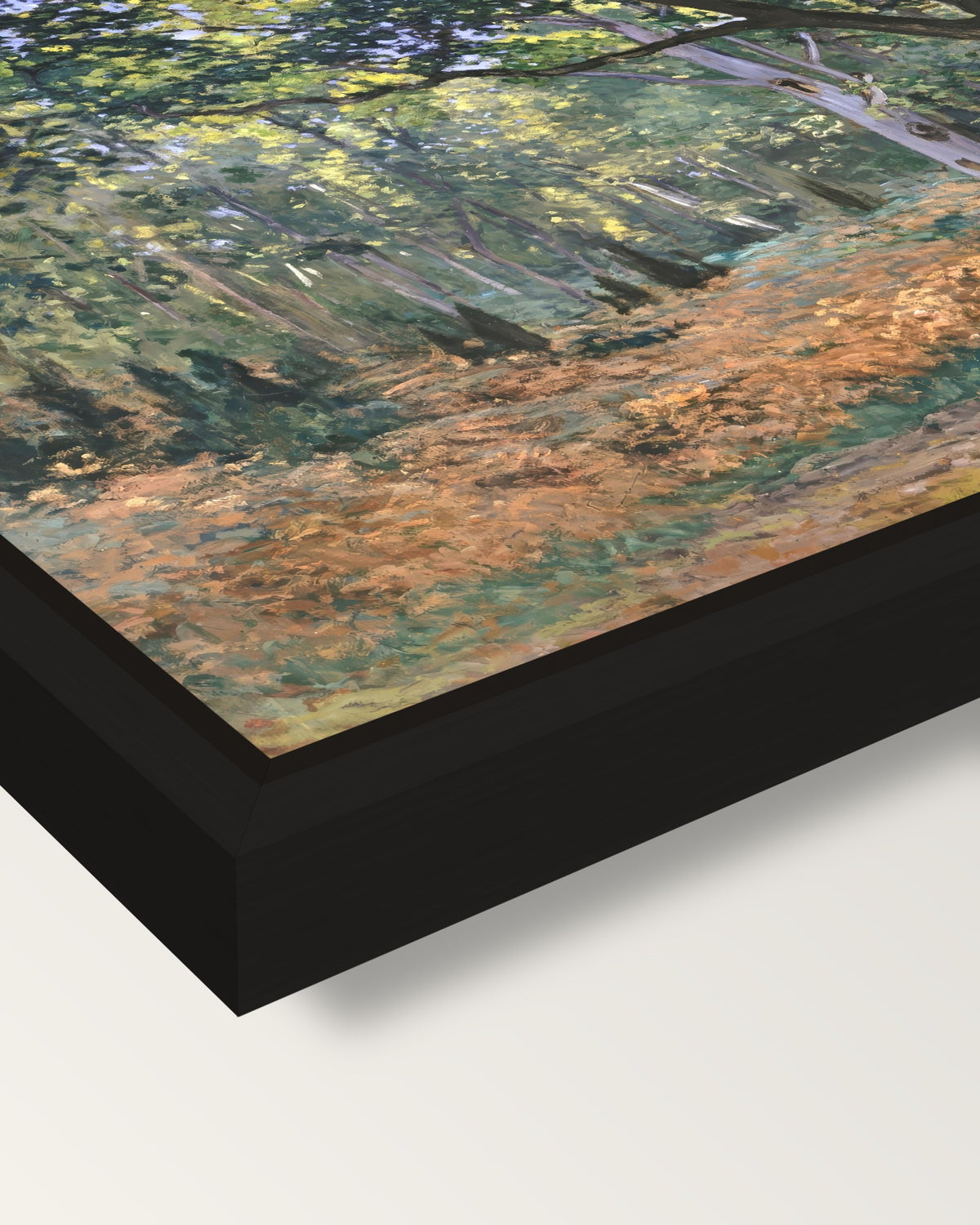 The Bodmer Oak by Claude Monet framed canvas, corner close-up: a black floating frame with a shadow gap round the canvas