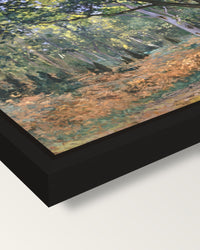 The Bodmer Oak by Claude Monet framed canvas, corner close-up: a black floating frame with a shadow gap round the canvas