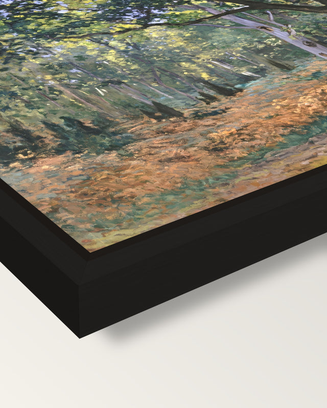 The Bodmer Oak by Claude Monet framed canvas, corner close-up: a black floating frame with a shadow gap round the canvas
