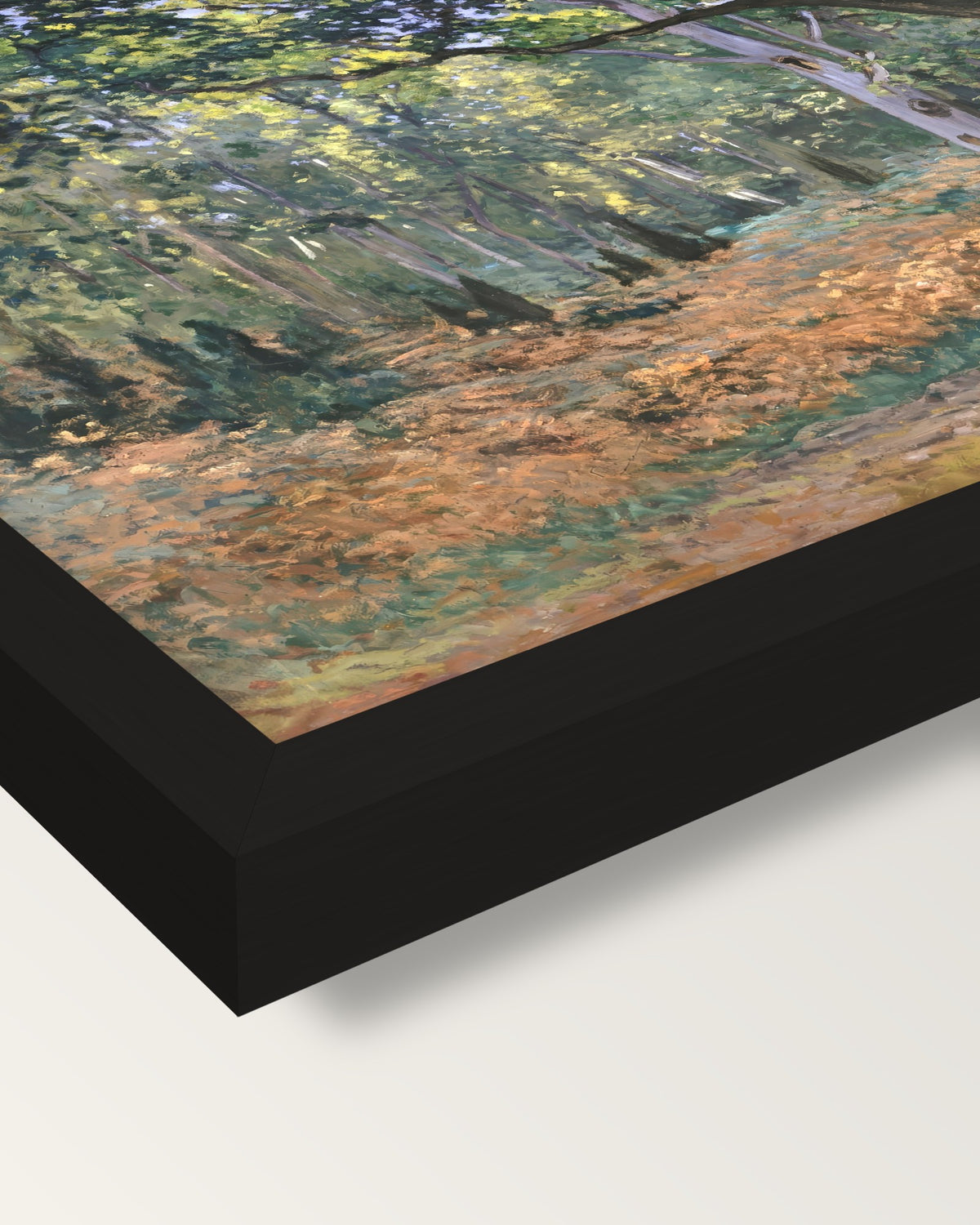 The Bodmer Oak by Claude Monet framed print, corner close-up: black moulding, mitred, the print set just below its edge