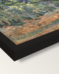 The Bodmer Oak by Claude Monet framed print, corner close-up: black moulding, mitred, the print set just below its edge