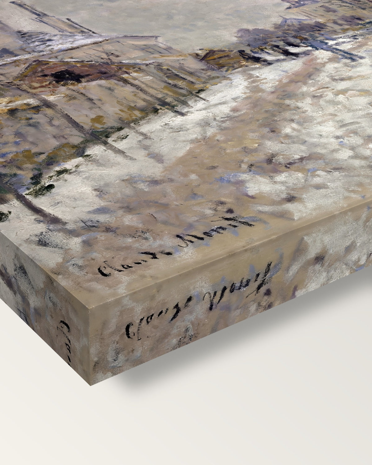 Boulevard de Pontoise, Snow by Claude Monet on stretched canvas, corner close-up: the painting mirror-wrapped round the sides