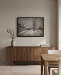 Boulevard de Pontoise, Snow by Claude Monet in a black frame above a walnut sideboard in a dining room