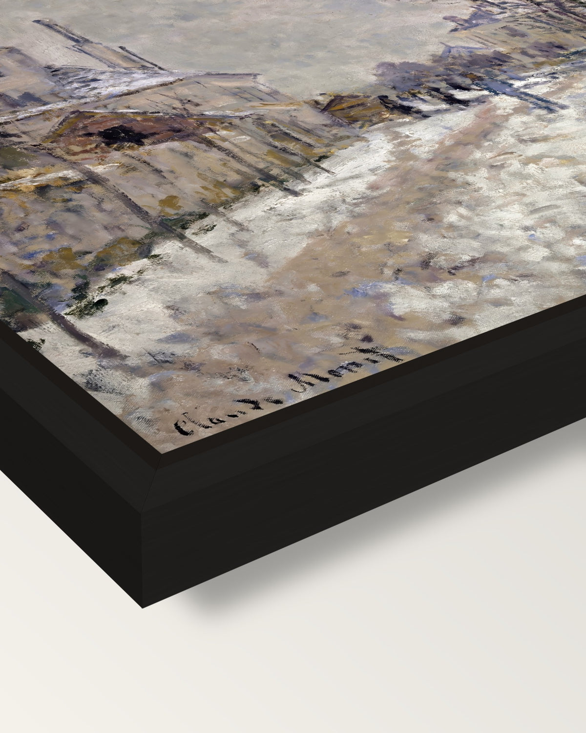 Boulevard de Pontoise, Snow framed canvas, corner close-up: a black floating frame with a shadow gap round the canvas