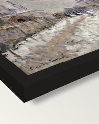 Boulevard de Pontoise, Snow by Monet framed print, corner close-up: black moulding, mitred, the print set just below its edge