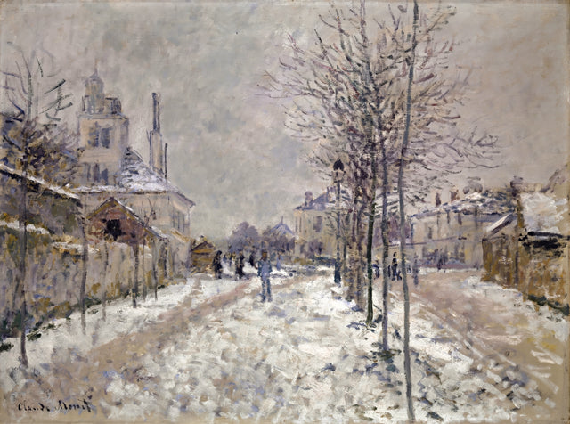 The Boulevard de Pontoise by Claude Monet: a snowy street lined with bare trees and houses, figures walking, grey sky