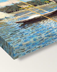 The Bridge at Argenteuil by Claude Monet on stretched canvas, corner close-up: the painting mirror-wrapped round the sides