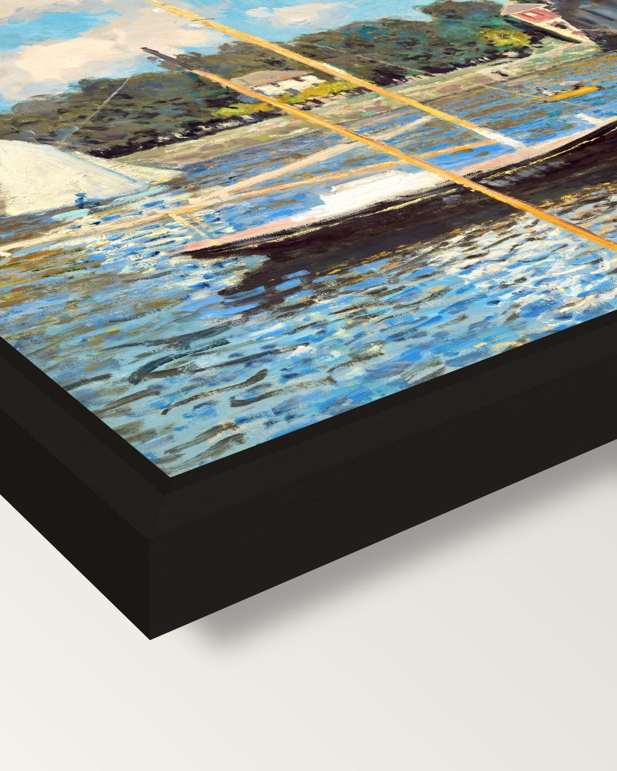 The Bridge at Argenteuil by Monet framed canvas, corner close-up: a black floating frame with a shadow gap round the canvas