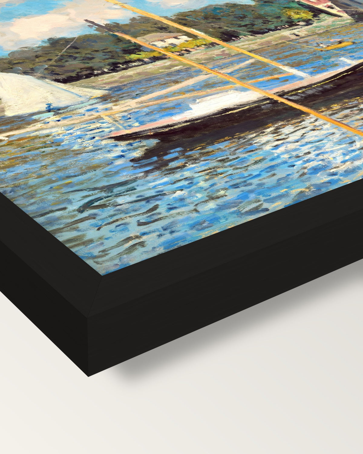 The Bridge at Argenteuil by Monet framed print, corner close-up: black moulding, mitred, the print set just below its edge