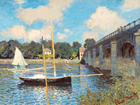 The Bridge at Argenteuil by Claude Monet: sailboats moored on the blue Seine beside a bridge under a bright summer sky