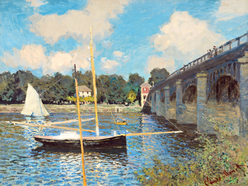 The Bridge at Argenteuil by Claude Monet: sailboats moored on the blue Seine beside a bridge under a bright summer sky