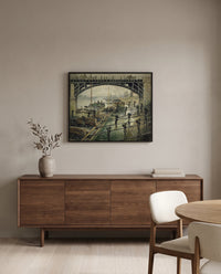 The Coalmen by Claude Monet in a black frame above a walnut sideboard in a dining room