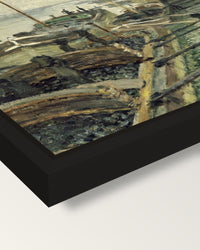 The Coalmen by Claude Monet framed canvas, corner close-up: a black floating frame with a shadow gap round the canvas