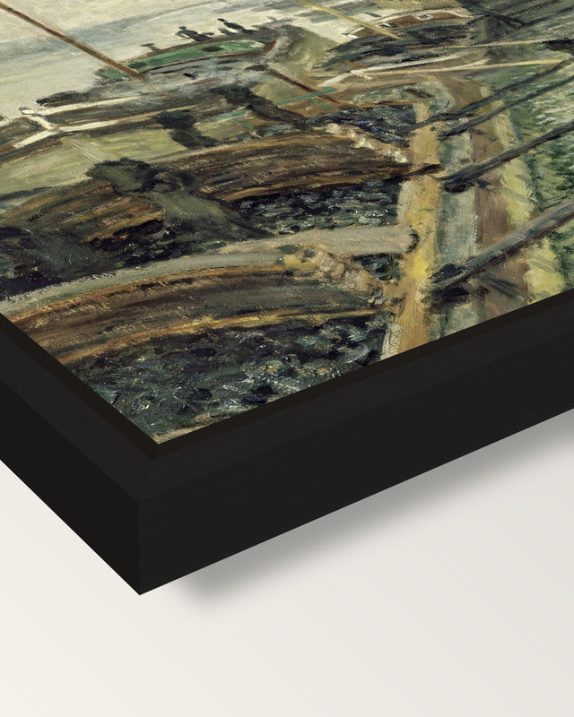 The Coalmen by Claude Monet framed canvas, corner close-up: a black floating frame with a shadow gap round the canvas