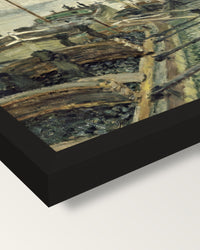 The Coalmen by Claude Monet framed print, corner close-up: black moulding, mitred, the print set just below its edge