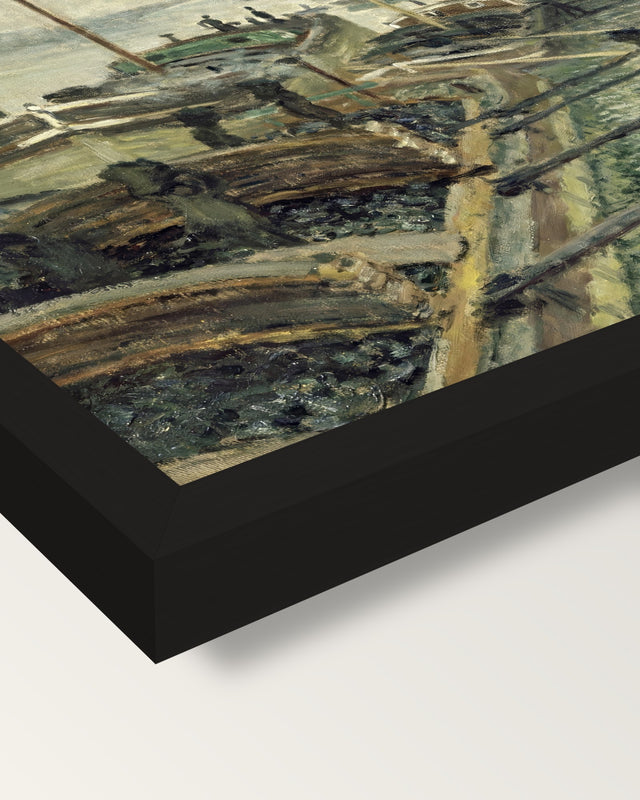 The Coalmen by Claude Monet framed print, corner close-up: black moulding, mitred, the print set just below its edge