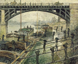 The Coalmen by Claude Monet: men carrying baskets of coal up planks from barges under a large iron bridge, grey haze