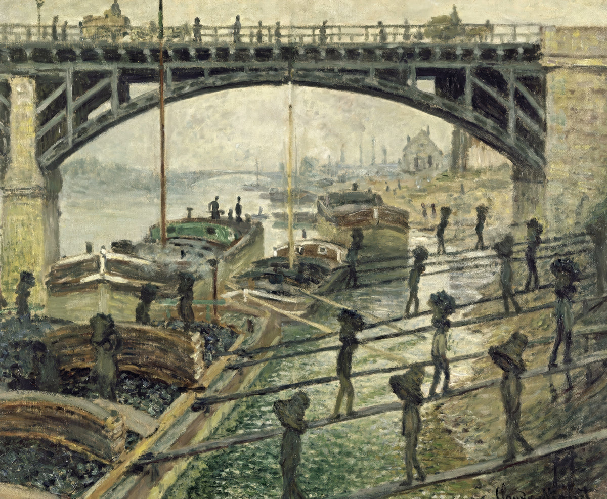 The Coalmen by Claude Monet: men carrying baskets of coal up planks from barges under a large iron bridge, grey haze